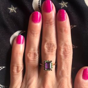 14K gold amethyst, sapphire, and emerald ring
